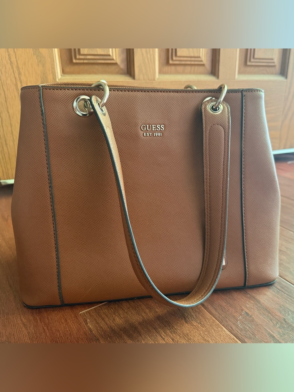 GUESS Tan Brown Tote Bag with Gold Hardware